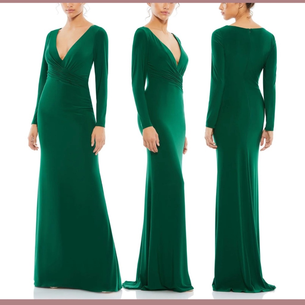 NWD‎ IEENA Mac Duggal [ 4 ] Long Sleeve Ruched Jersey V Neck Gown Emerald Green